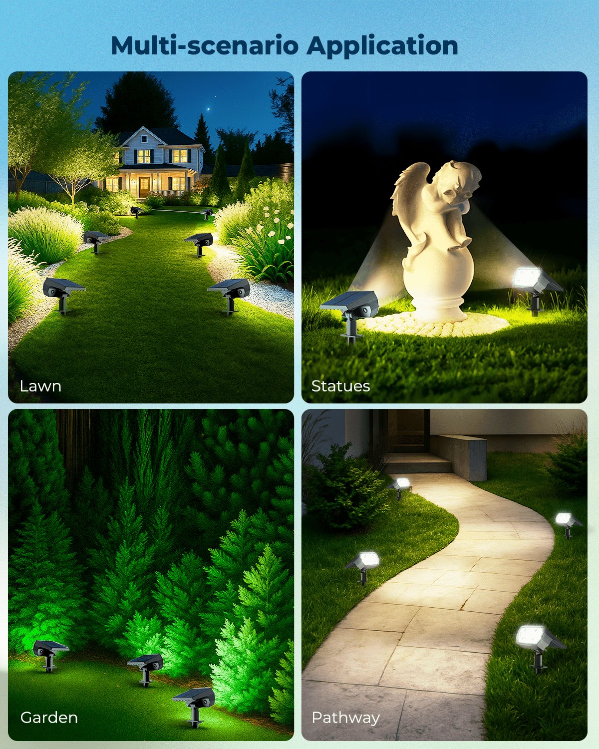 6 Pack Solar Lights Outdoor Waterproof IP65, 64 LED Landscape Spotlights 6500K- 3 Lighting Modes, Adjustable for Lawn, Driveway, Walkway- Cool Daylight