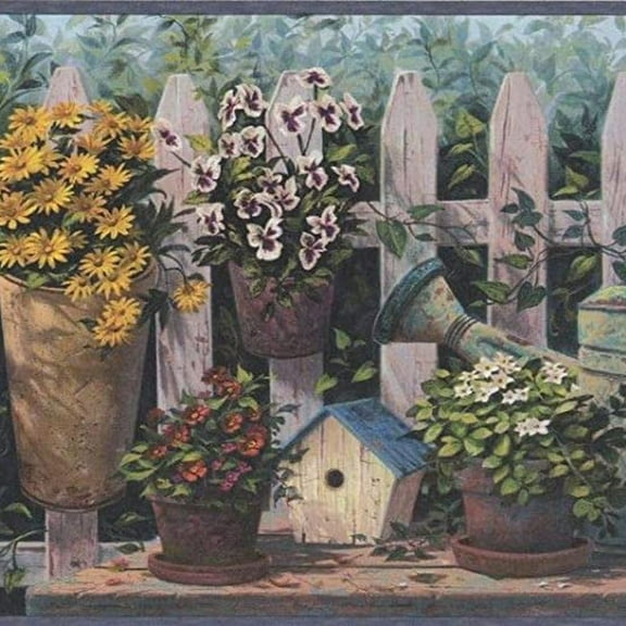 Concord Wallcoverings Garden Flower Pots Wallpaper Border Featuring a Rustic Picket Fence Watering Can and Birdhouse Blue and Green Muted Tones 8.5 Inches by 15 feet PC95021B
