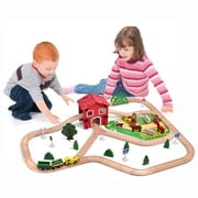 Fun Little Toys 77PCS Wooden Farm Train Set, Magnetic Wood Track with Barn Farm Animals Trees, Expandable Educational Toy, Non-Toxic Wooden Playset, Birthday Christmas Gift for 3-7 Boys Girls