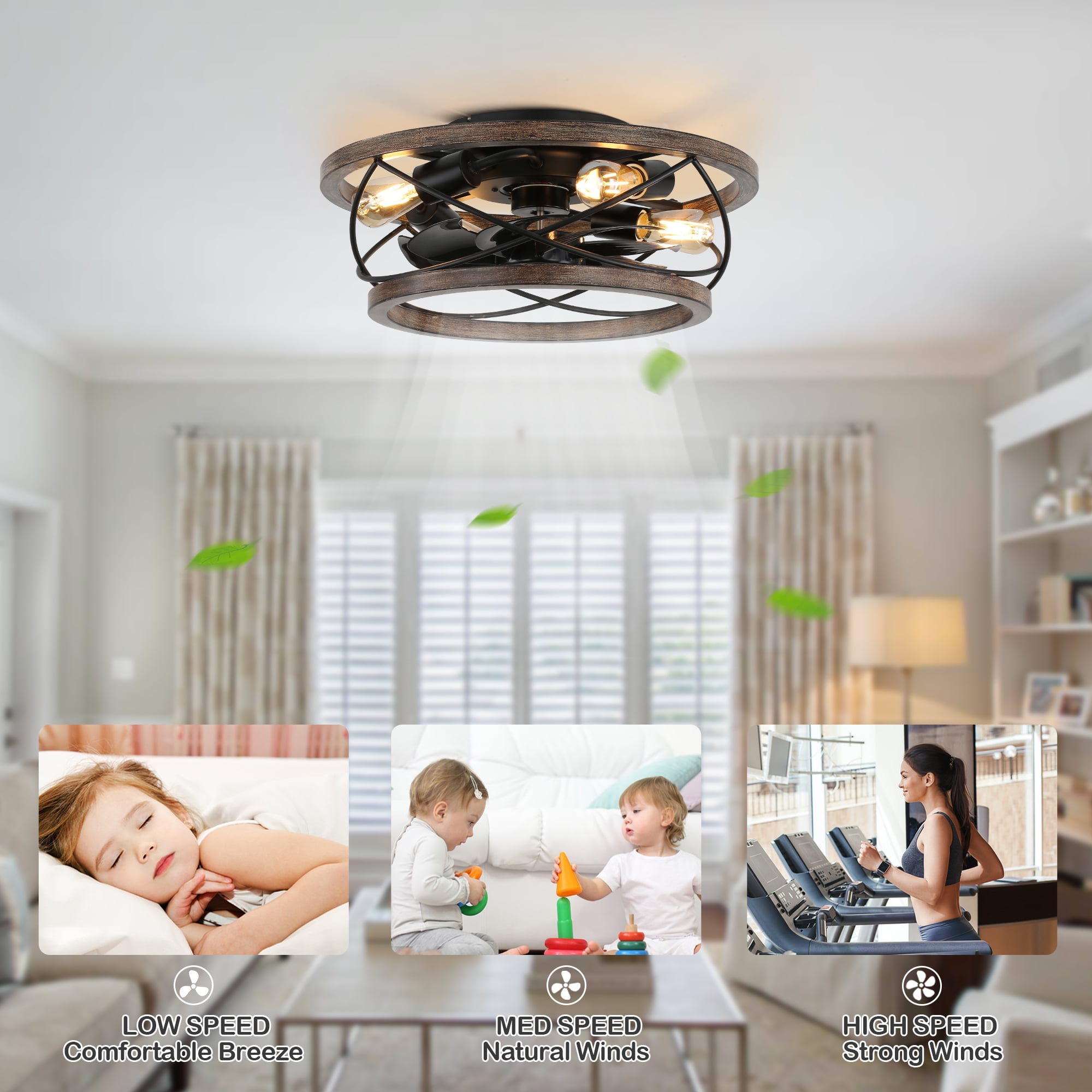 18" Rustic Wood Caged Ceiling Fan with Light and Remote Control, Farmhouse 3-Speed Reversible Flush Mount Ceiling Fan