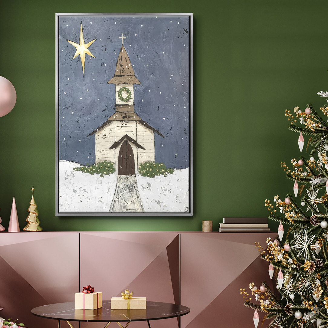 A Silent Night III - Framed Gallery Wrapped Holiday Canvas - 25 x 37 - Silver Frame