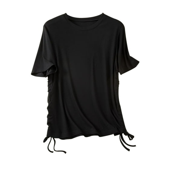 MIUOWANP Women's Short Sleeve Tops Casual Solid Color Trendy Pleated Slim Fit Drawstring Top Size L(8)Black