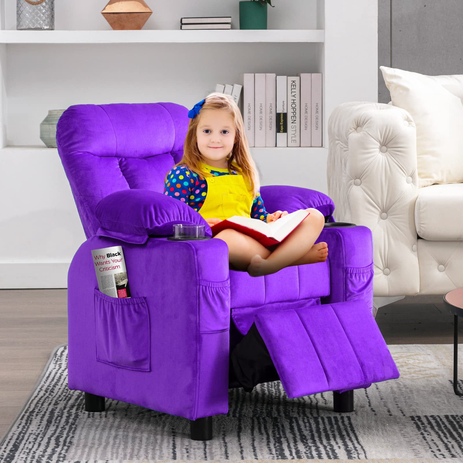 Linor Kids Recliner Chair, Adjustable Velvet Lounge with Cup Holder, Footrest, Side Pockets, Purple