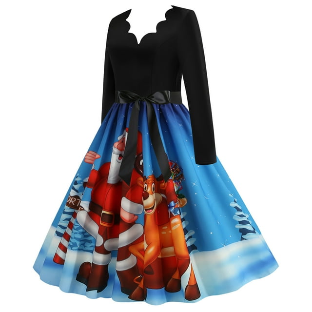 Robe Vintage Rockabilly Patchwork pour Femmes Robes de Fête de Noël avec Nœud