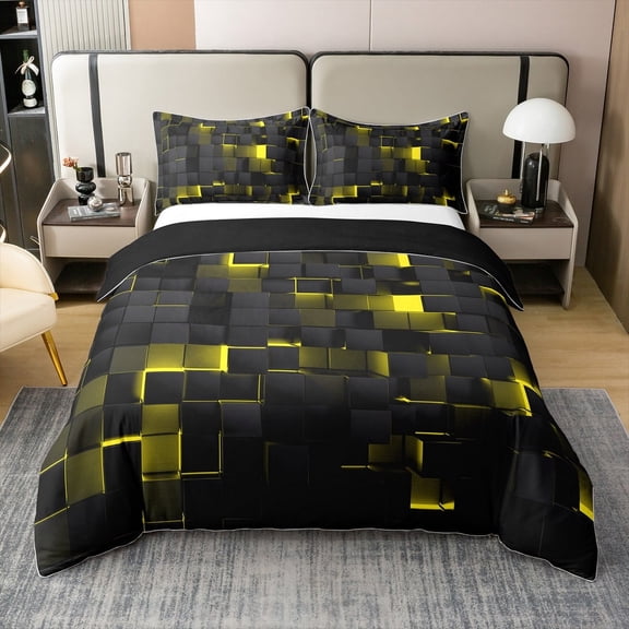 Erosebridal Abstract Geometric Duvet Cover Twin Abstract Black Yellow Check Bedding Set Stereoscopic Grid Plaid 100% Cotton Comforter Cover Glowing Neon Light Square Bed Set Brick Wall Design