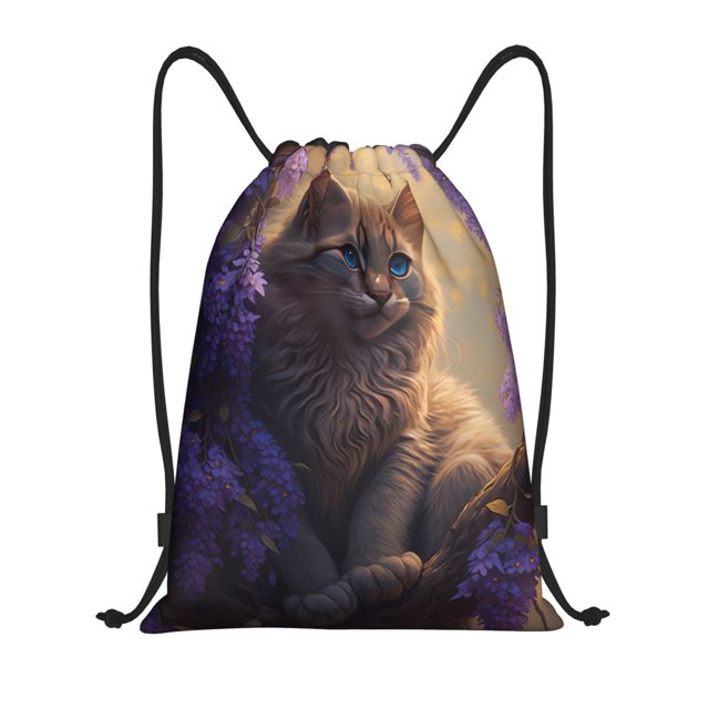 Fotbe Purple Flower Lazy Cat Bolsa Mochila con Cordón Estampada, Bolsa de Gimnasio Deportiva, Bolsa Cinch, Bolsa con Cordón para Hombres y Mujeres-Small