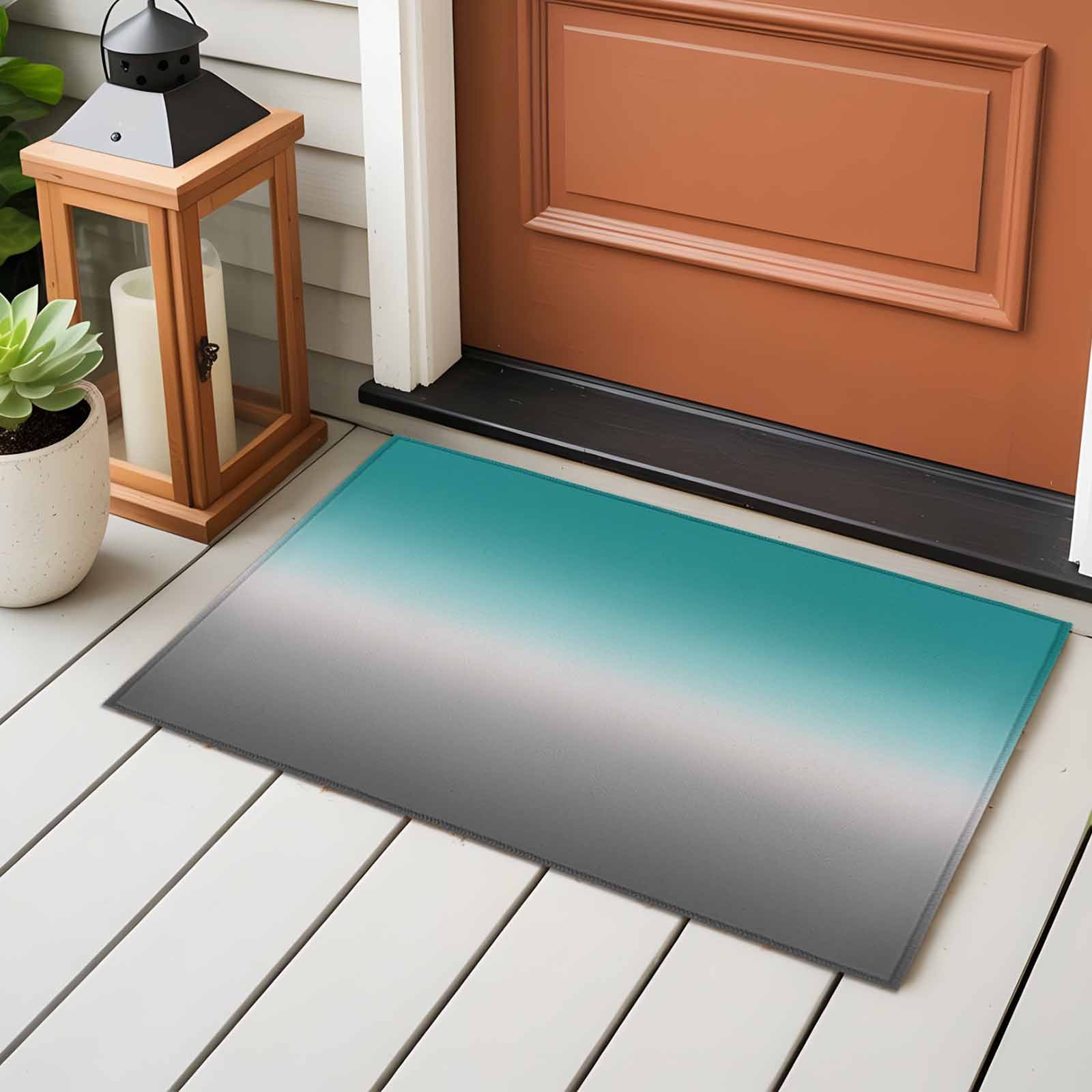 Teal Grey Ombre Bathroom Mat 2x3 FT, Non Slip Small Kitchen Mat, Turquoise Gradient Modern Abstract Art Washable Soft Backed Front Door Throw Rug Indoor Outdoor Doormat for Entryway Sink