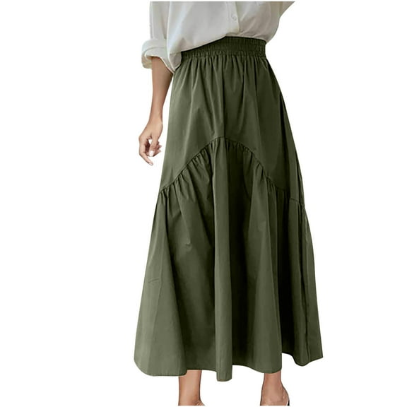 Efsteb Skirts for Women High Waist Pleated Long Skirt Comfy Casual Fashion Spring Fall Solid Color Skirts (Army Green,M)