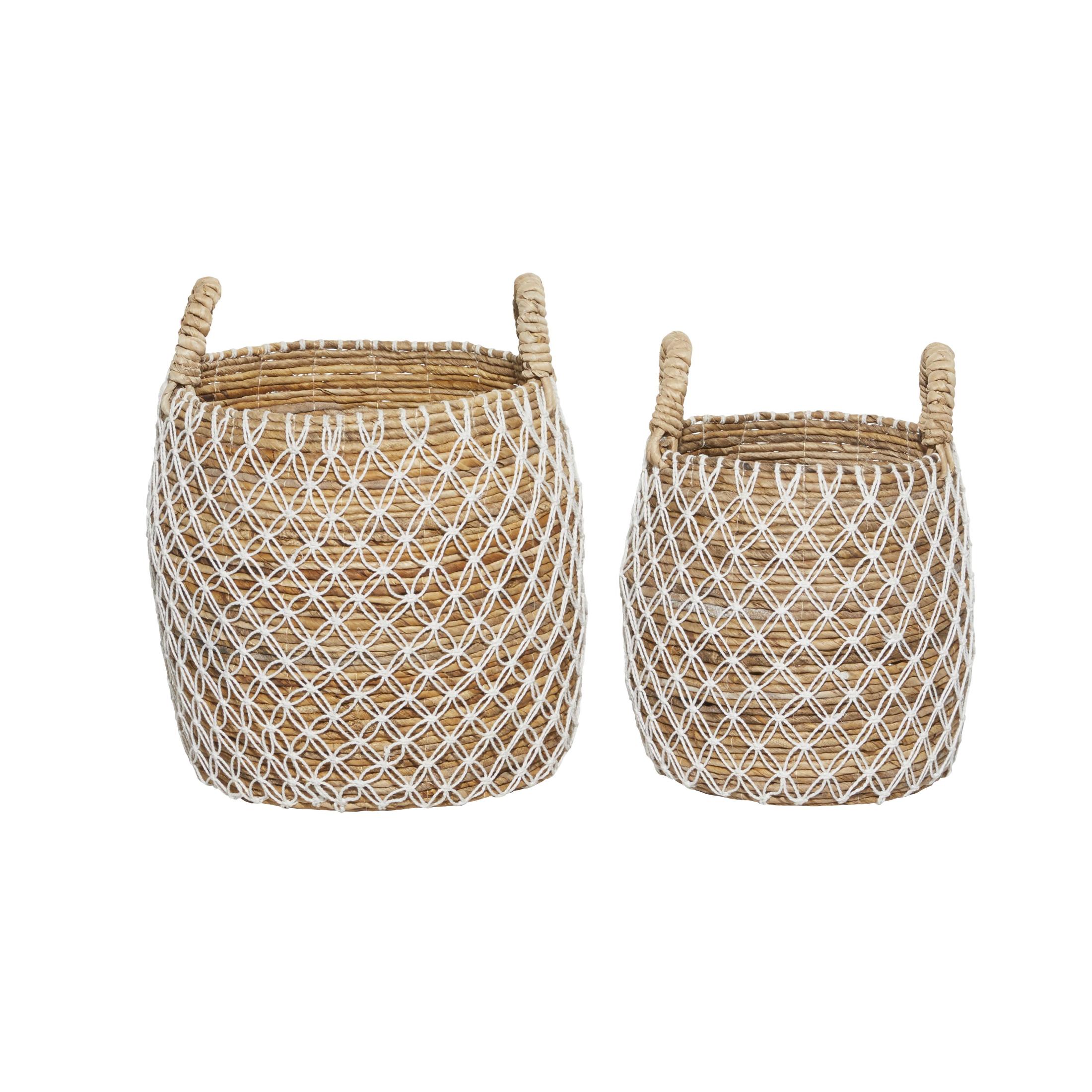 DecMode 19", 17"H Brown Banana Leaf Handmade String Detail Storage Basket with Handles, 2-Pieces