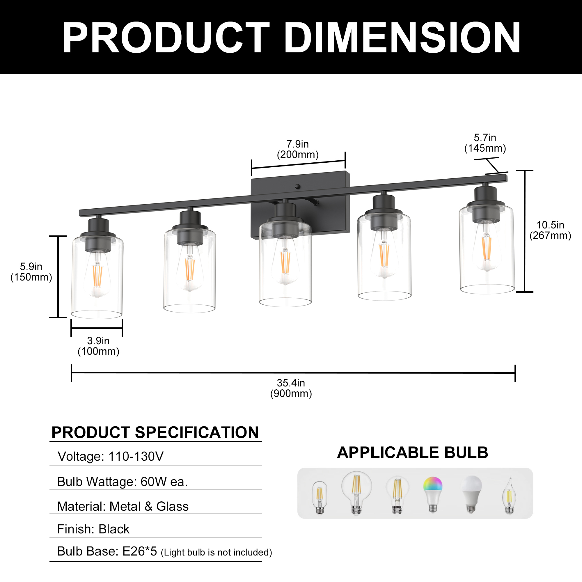YANSUN  35.4 in 5-Light Matte Black Industrial Bathroom Vanity Light with Clear Glass Shades, Classic Wall Light Fixture for Mirror Living Room Cabinet Bedroom Porch