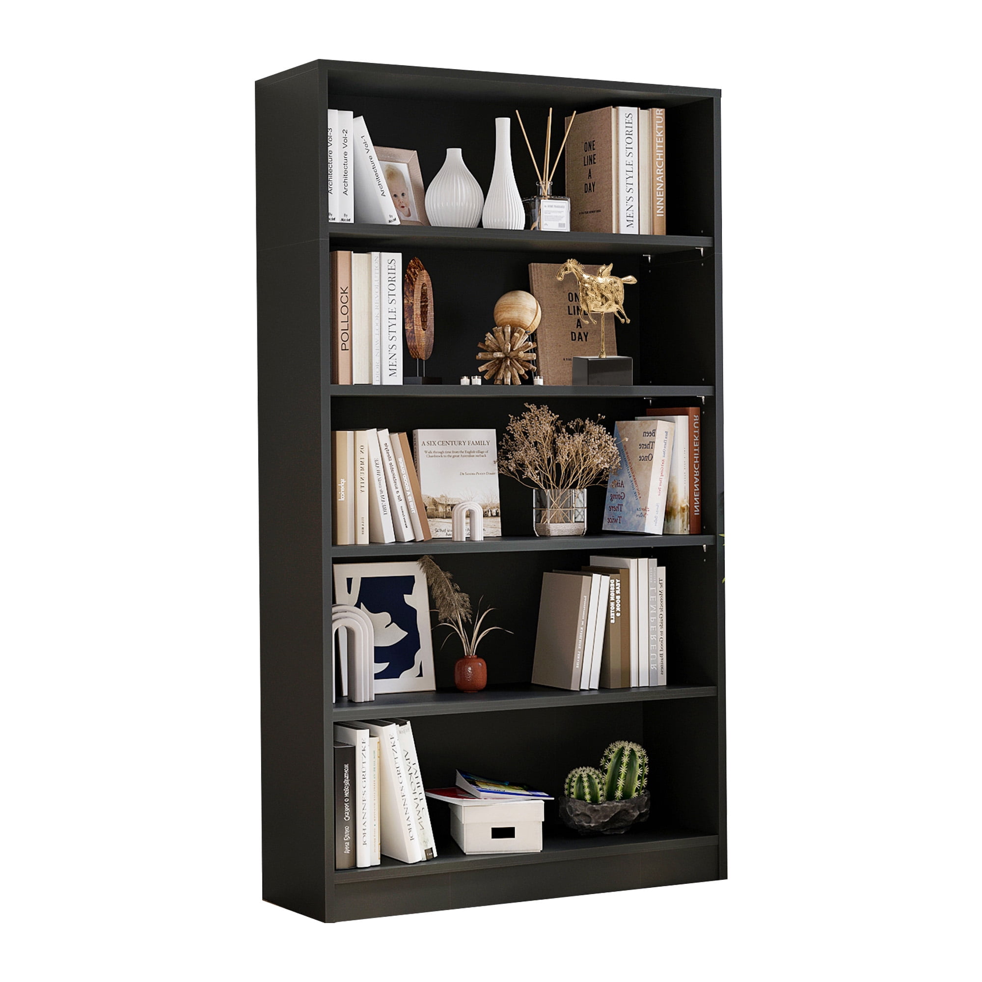 MAYEERTY Black 5-Shelf Modern Wood Bookcase, 60" Tall, for Bedroom, Living Room, and Manga Library