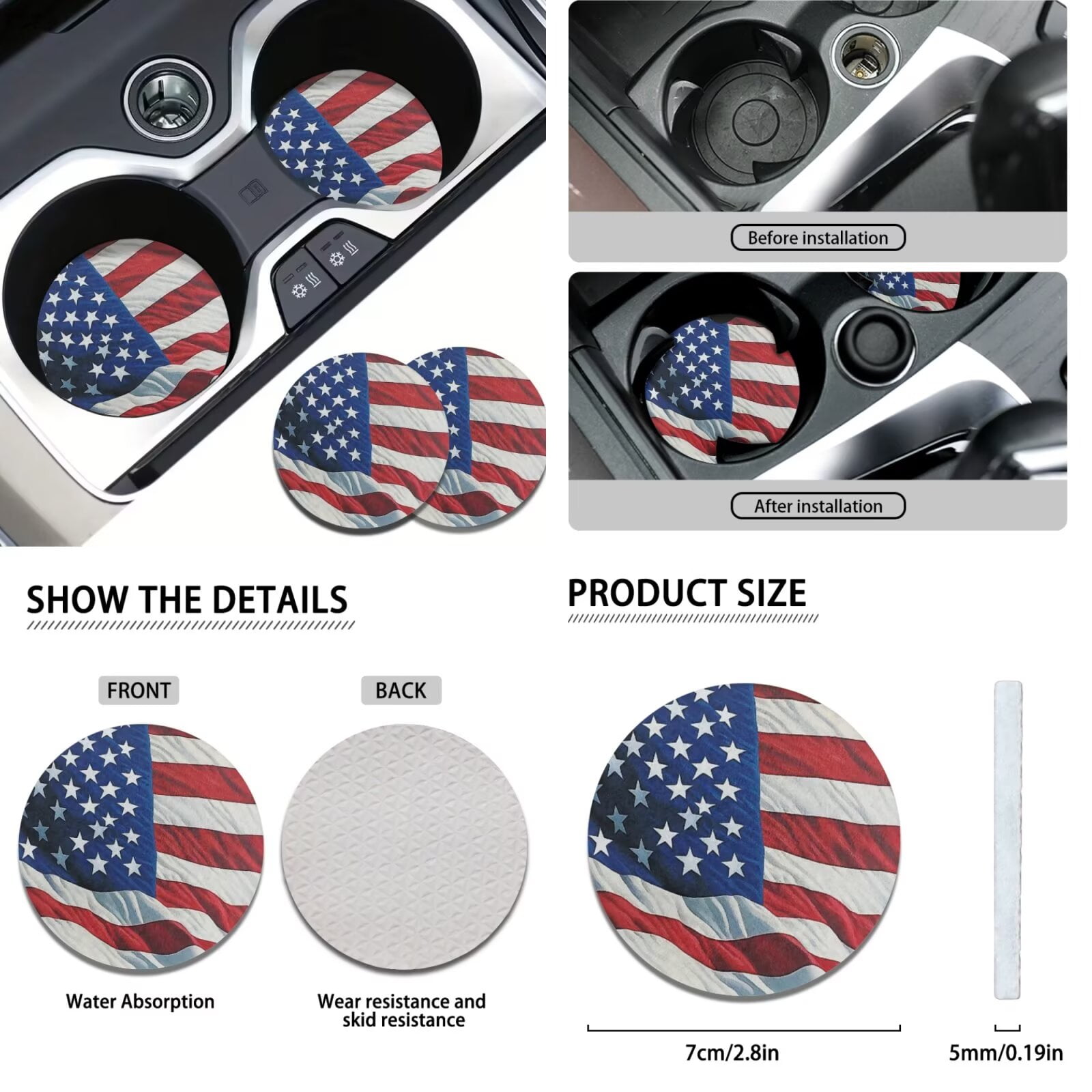 Garronmavis American Flag 11 Pcs Car Seat Covers Full Set with Cars Headrest Protectors+Lanyards Key Ring+Auto Cup Coaster+Handbrake Gear+Shift Knob Cover Interior Accessiores for Decor