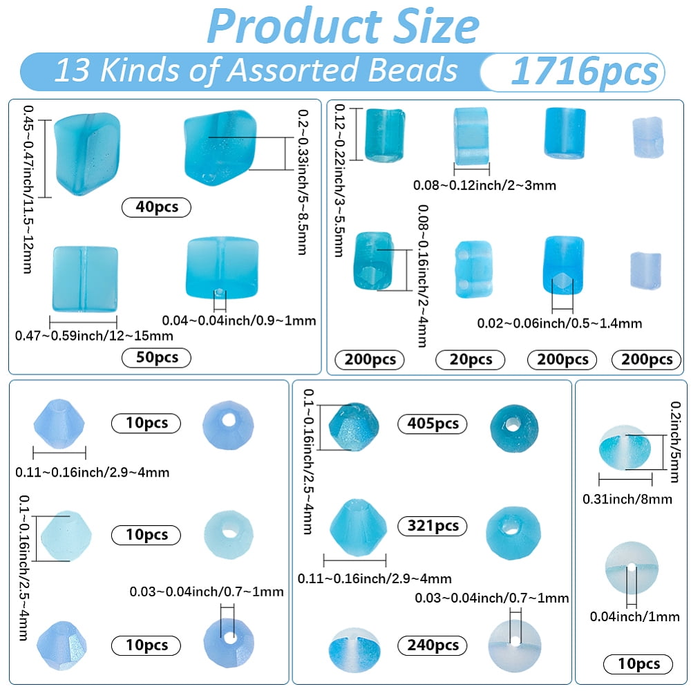 1 Set 1716Pcs Mixed Styels Glass Beads Mixed Shapes Blue 2.9~15x2~12x2~8.5mm Hole: 0.5~1.4mm