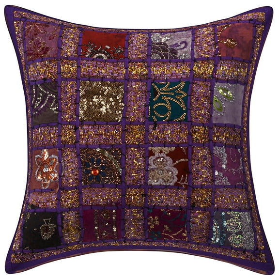 Stylo Culture Ethnic Chair Seat Throw Pillow Cover 16x16 Patchwork Embroidered Purple Sequins 40x40 cm Home Decor Cotton Geometric Square Cushion Cover | 1 Pc