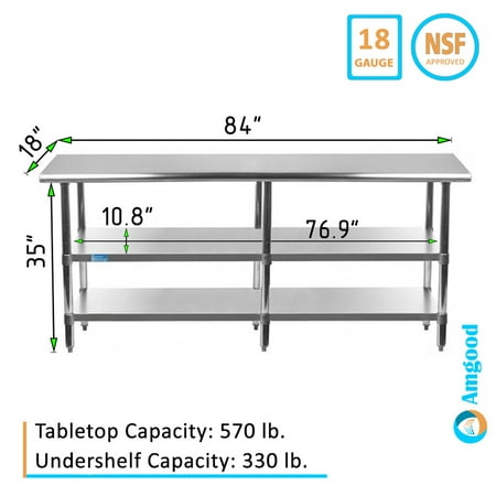 

AmGood 84 Long x 18 Deep Stainless Steel Work Table with 2 Shelves | Metal Food Prep Station | Commercial & Residential NSF Utility Table