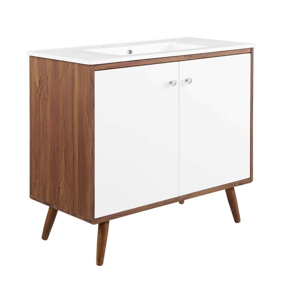 Modway Transmit 36" Modern Wood and Ceramic Bathroom Vanity in Walnut/White