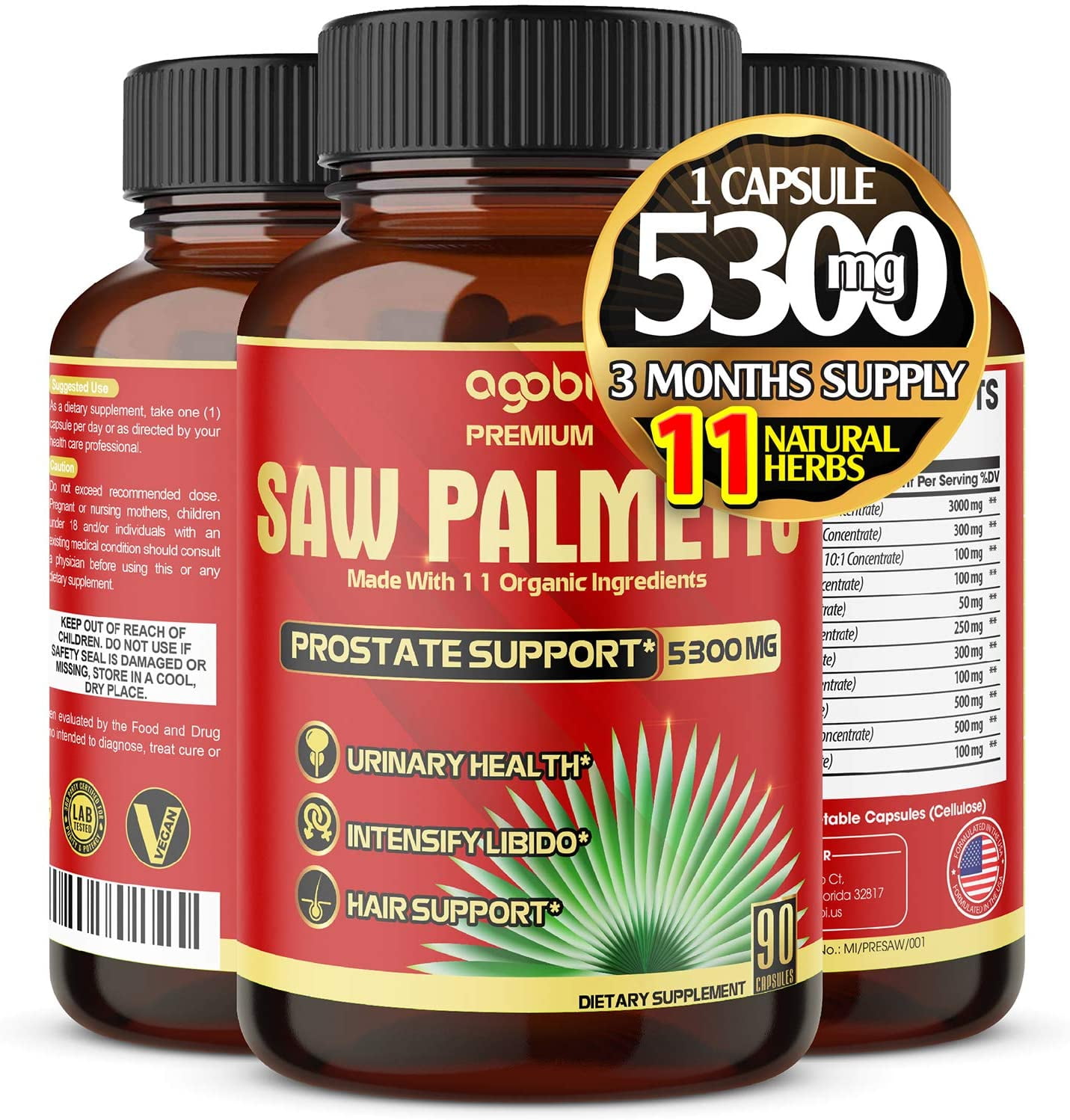 Premium Organic Saw Palmetto Capsules 5300 mg, Highest Potency with