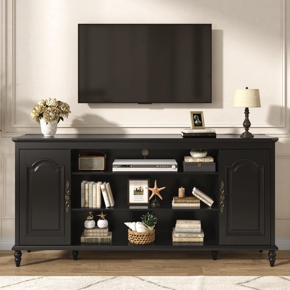 Aphthongs 70" Mid-Century Modern TV Stand for TVs up to 85/80", 33.7" Tall Wood Media Console with Storage & 2 Doors & Adjustable Shelves, TV Cabinet w/Brass Carved Handles & Solid Wood Gourd Legs