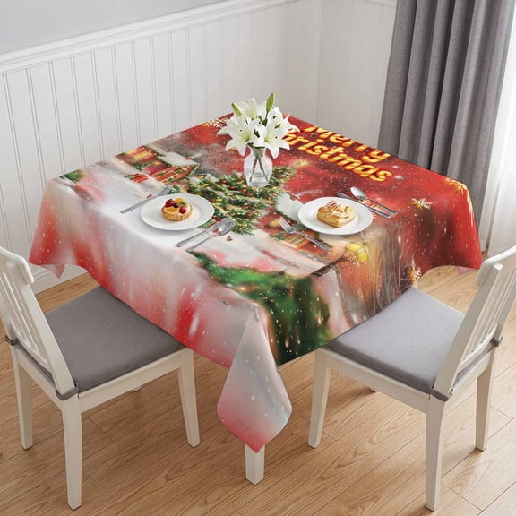 Red Green Christmas Table Cloth Waterproof Tablecloths, Winter Snowflakes Xmas Trees Village Tablecloth Dining Table Cover for Kitchen Party Tabletop Outdoor, Square Tablecloth 54x54 Inch