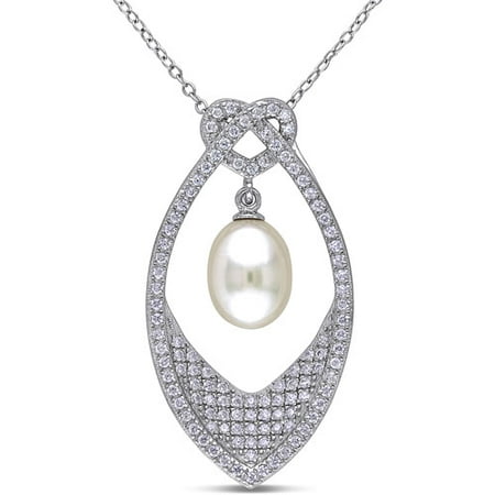 8-8.5mm White Rice Cultured Freshwater Pearl and 1-1/4 Carat T.G.W. Cubic Zirconia Sterling Silver Fashion Pendant, 18