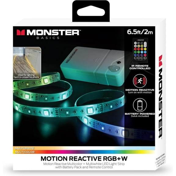 Monster Basics Motion Activated LED Light Strip, RGBW Multicolor Multiwhite LED Lights, 6.5’