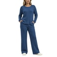 thumbnail image 5 of Large Size Hungry Ribbed Knitted Suit Women's Shoulder Button Decoration Long Sleeved Top Wide Leg Pants Two-Piece Set Navy Xxl, 5 of 8