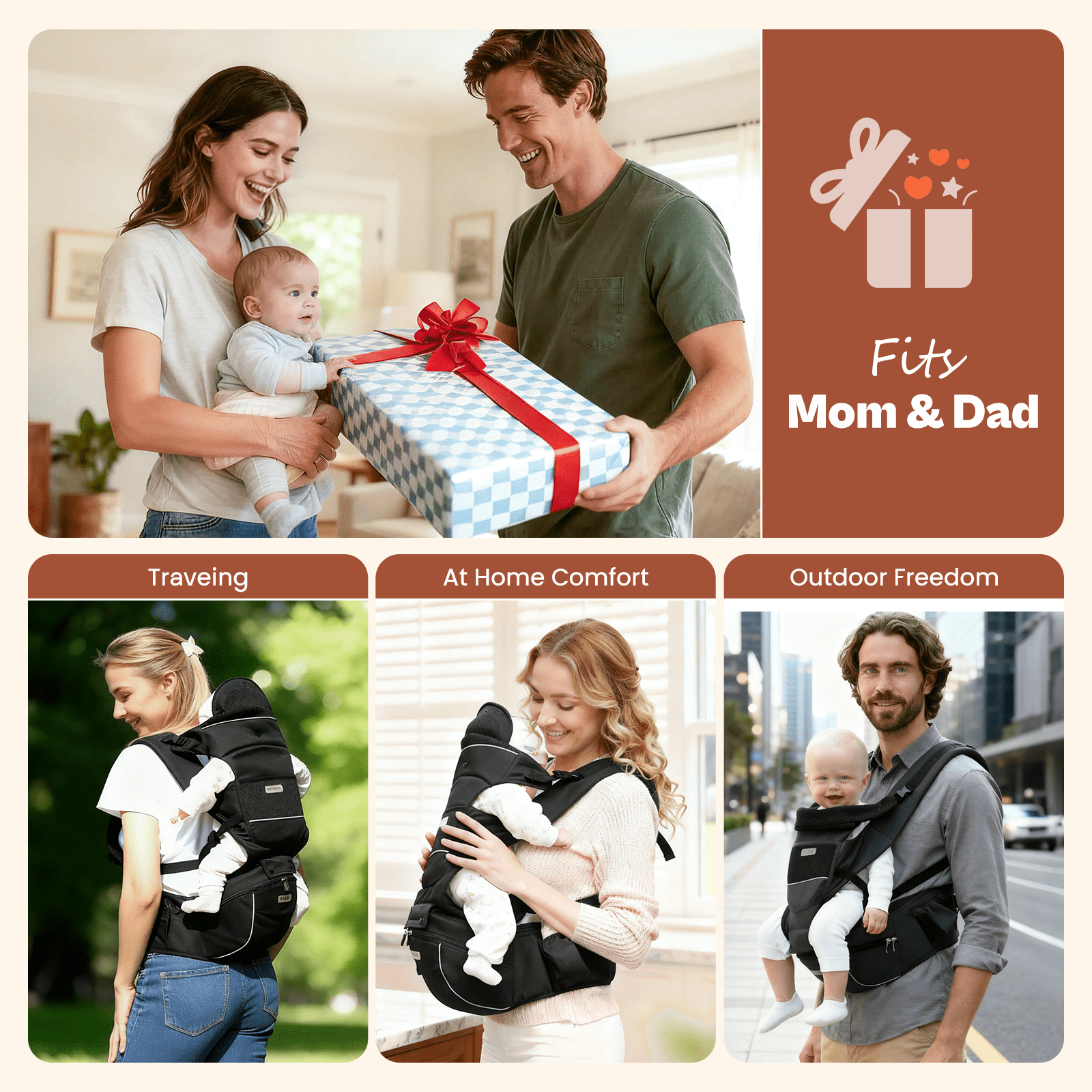 Baby Carrier with Hip Seat Ergonomic M Position 6-in-1 Baby Wraps Carrier Adjustable Holder Newborn to Toddler with Head Support and Breathable Mesh, Black