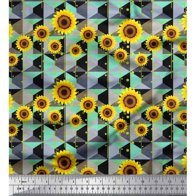 Soimoi Poly Georgette Fabric Check,Dot & Sunflower Flower Printed Craft Fabric by The Yard 52 Inch Wide