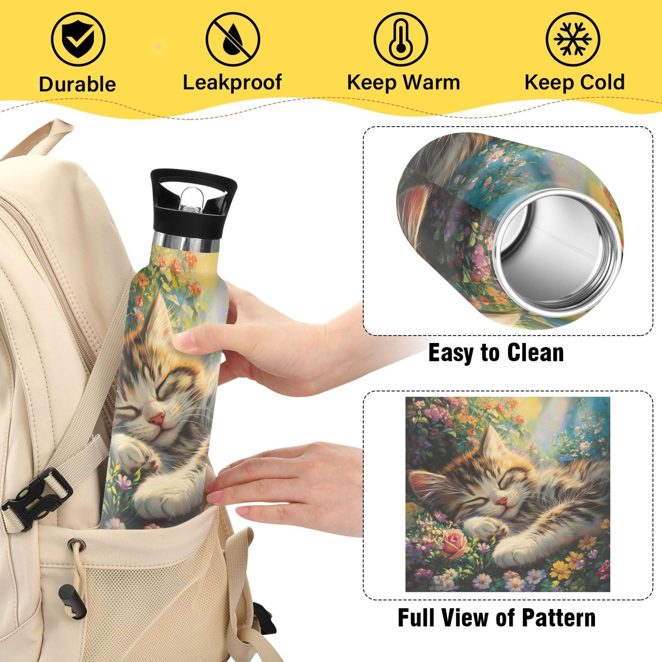 600ML Stainless Steel Insulated Cup Sports Water Bottle Portable Thermos Cup Water Glasses Insulated Tumblers Convenient and Durable Flowers and Lovely Cat