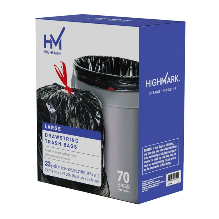 Highmark Large Drawstring Trash Bags, 33 Gallon, Black, Box Of 70 Bags