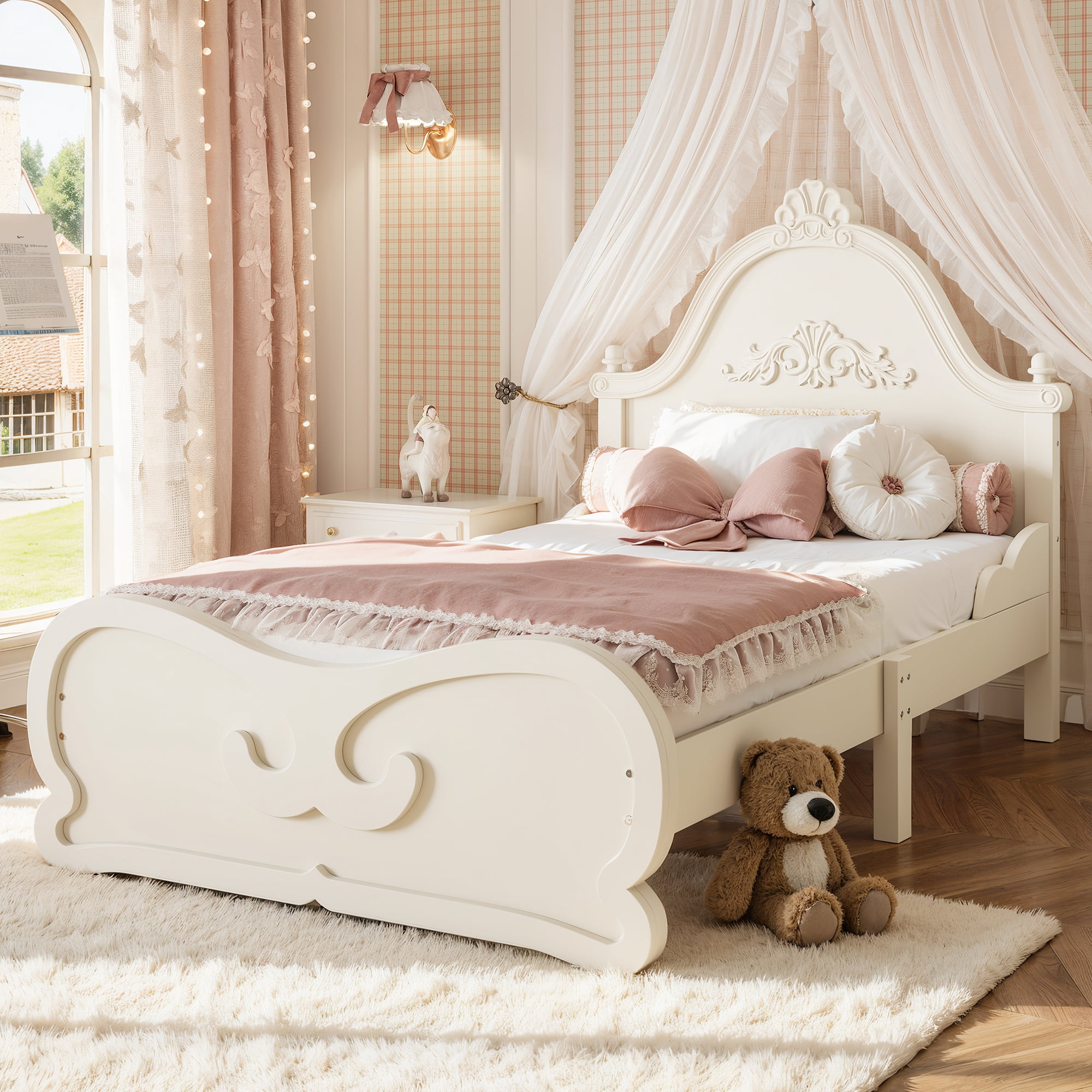 HOQBN Twin Size Vintage Carved Platform Bed with Headboard, Solid Wood Bed Frame with Slatted Support, Low Profile Platform Bed for Kid Teens, Beige