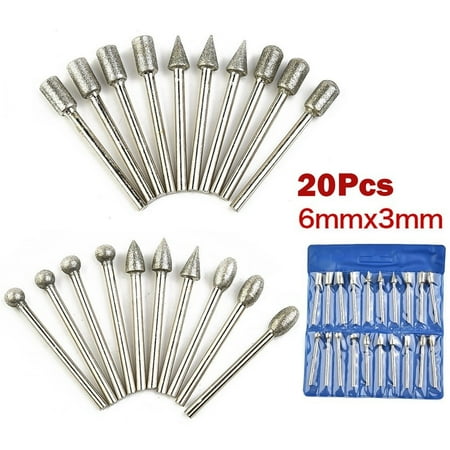 

GLFILL 20Pcs 3mm Shank Diamond Burr Set Drill Bits for Rotary Tool Grinding Heads