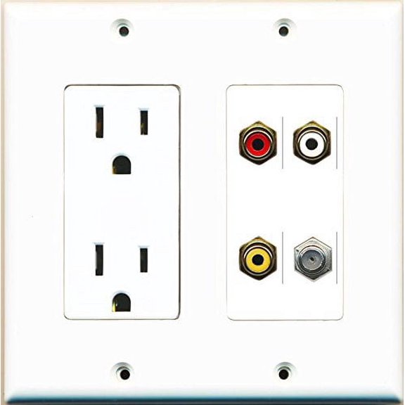 RiteAV Power Outlet Coax RCA Red RCA White RCA Yellow Wall Plate White