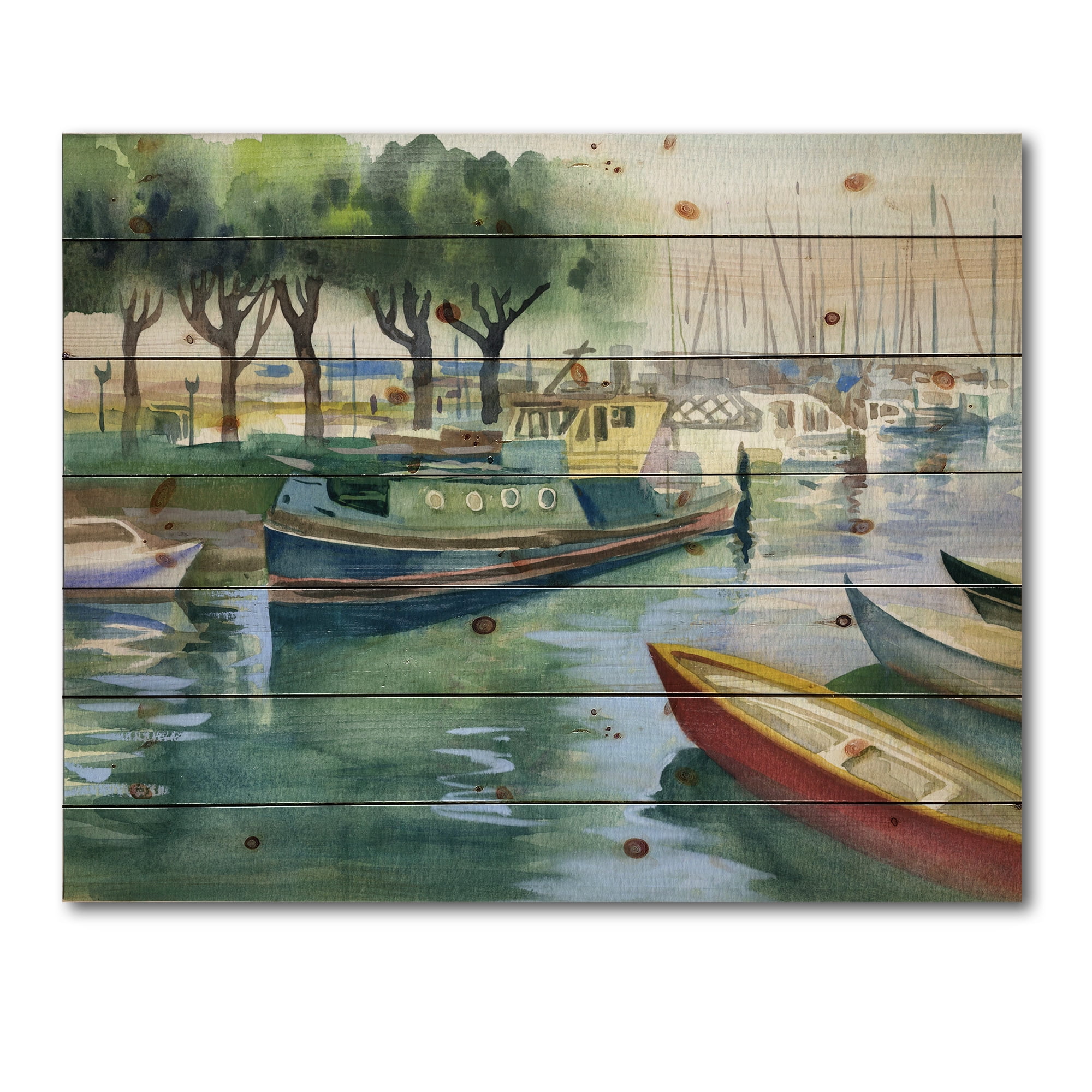 Designart 'Boats At The Lake in Green Spring' Traditional Print on Natural Pine Wood