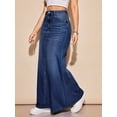 thumbnail image 5 of High-Waisted A-Line Maxi Denim Skirt With Pockets Dark Wash, 5 of 30