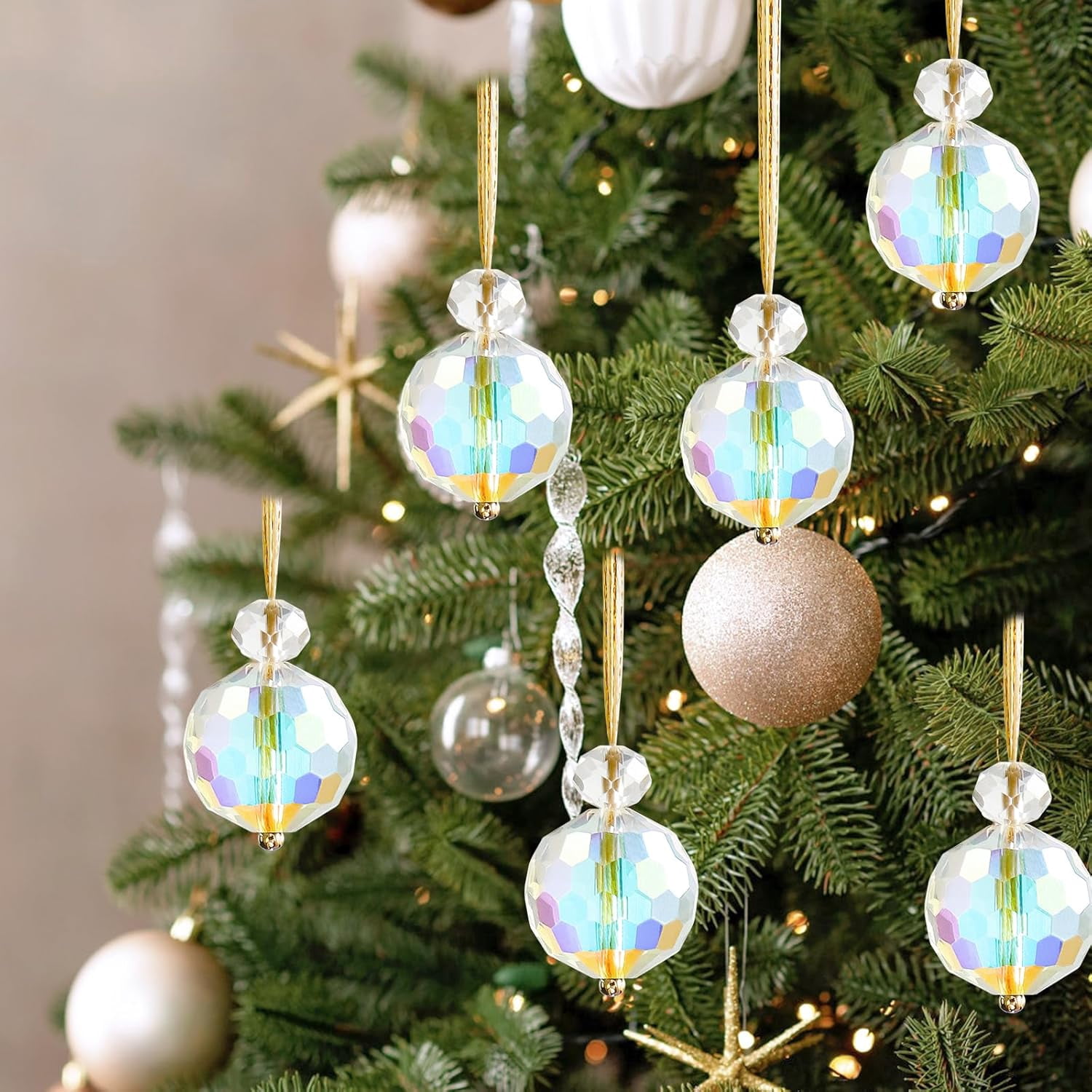 Crystal Christmas Ornaments,24 Pcs Glass Prism Ball,Crystal Xmas Tree Ornaments,Hanging Ornament Ball for Xmas Tree Bridal Wedding Birthday Party Decor(12 White + 12 Multi-color)