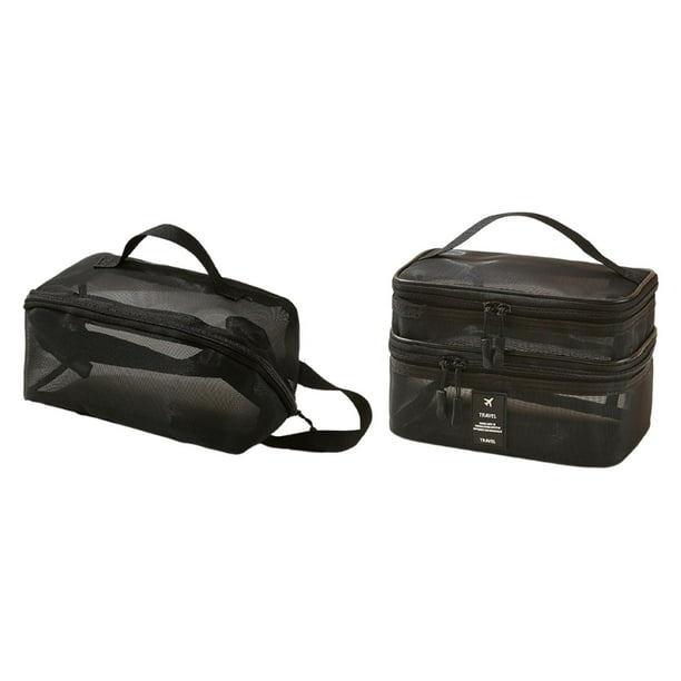 2 piezas Bag de maquillaje de malla bolsita de doble capa multipropósito multipropósito con mango de maquillaje organizador de aseo para viaje de negro