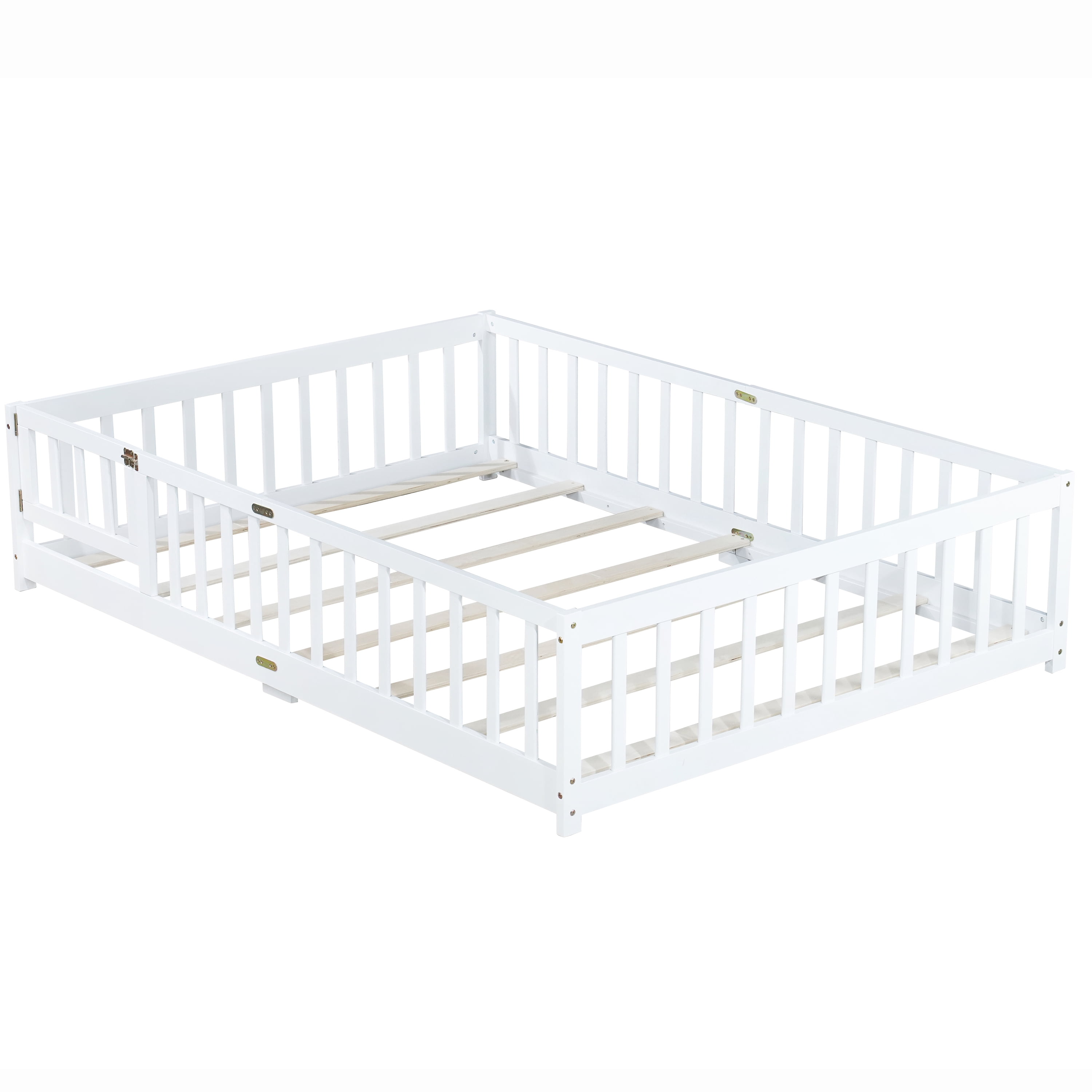 Miniyam Full Size Floor Bed with Guardrails and Door for Kids, White