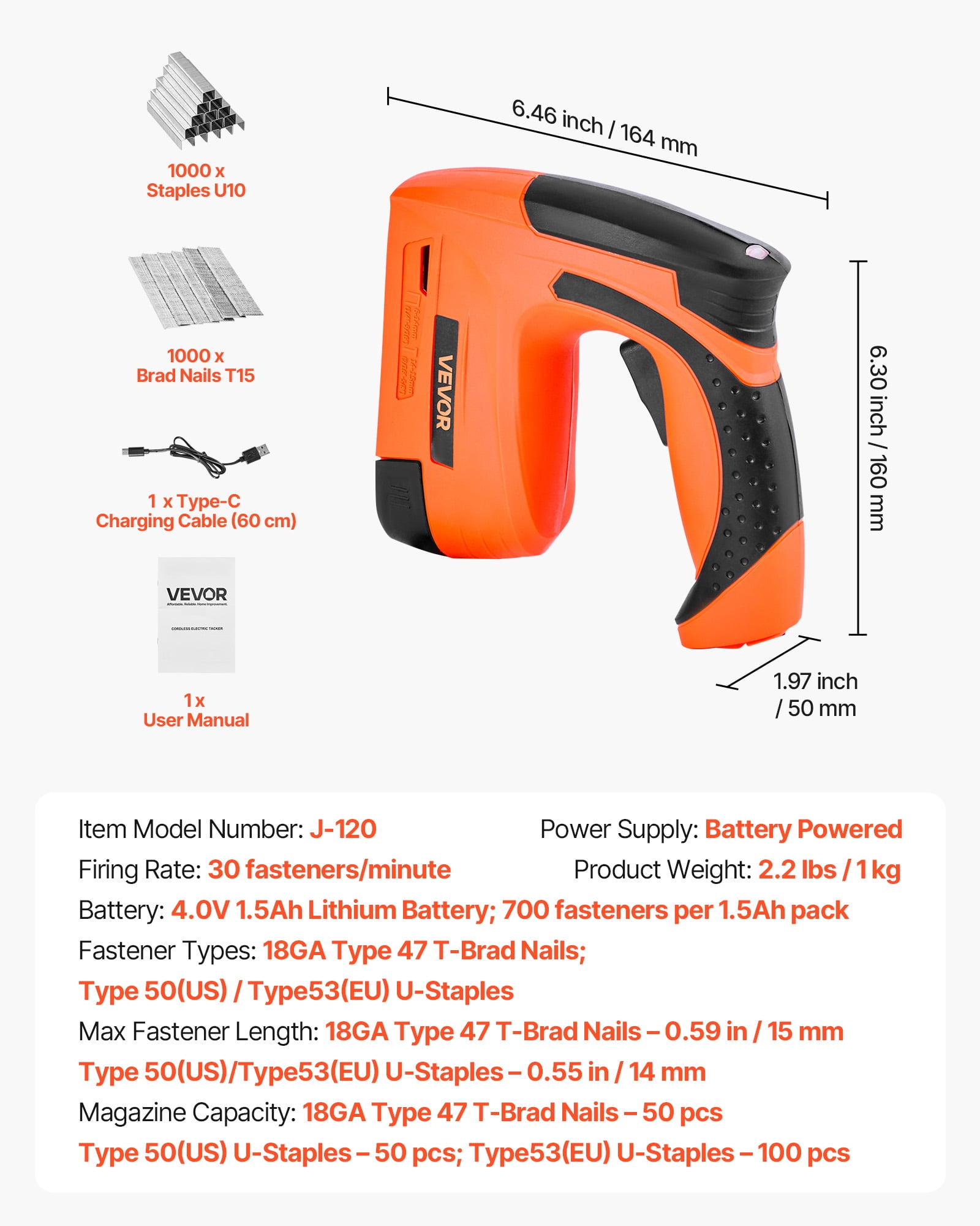VEVOR Cordless Brad Nailer, 2-in-1 Nail Gun Staple Gun, 18 Gauge 5/8 inch, Battery Powered, with 1000 Pcs Staples and 1000 Pcs Nails, Non-Slip Rubber Grip,for Woodworking, Carpentry and DIY Projects