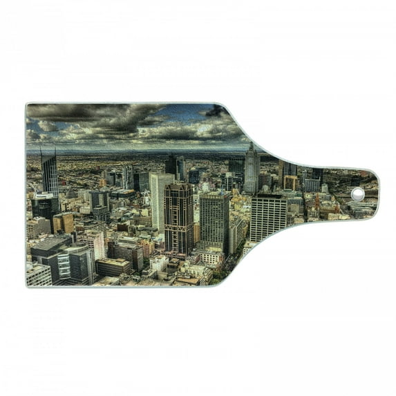 Urban Cutting Board, Melbourne Cityscape Modern Australia Architecture Buildings Metropolis Dramatic Sky, Tempered Glass Cutting and Serving Board, Wine Bottle Shape, Multicolor, by Ambesonne
