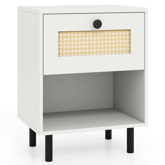 Furnibear Rattan Nightstand, Boho Bedside Table End Table with Rattan Drawer and Open Shelf, White