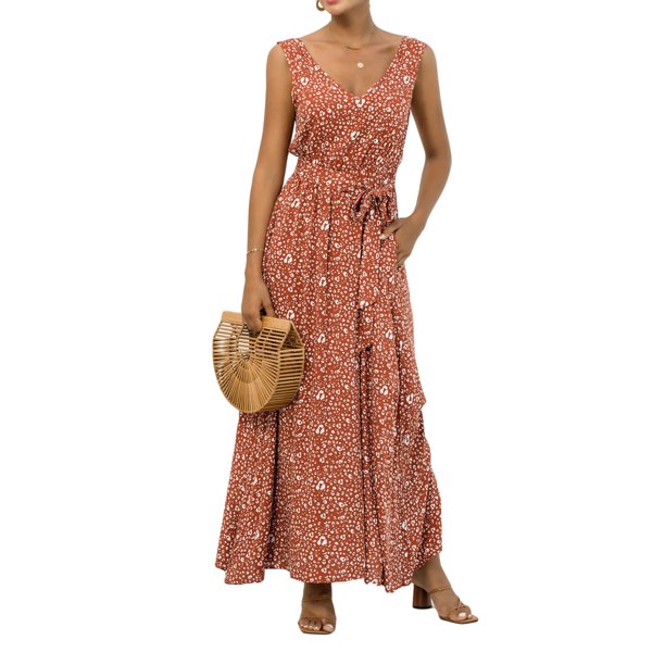 Txlixc Vestido de verano femenino sin mangas vestido de leopardo de cuello V profundo con bolsillos Txlixc moda