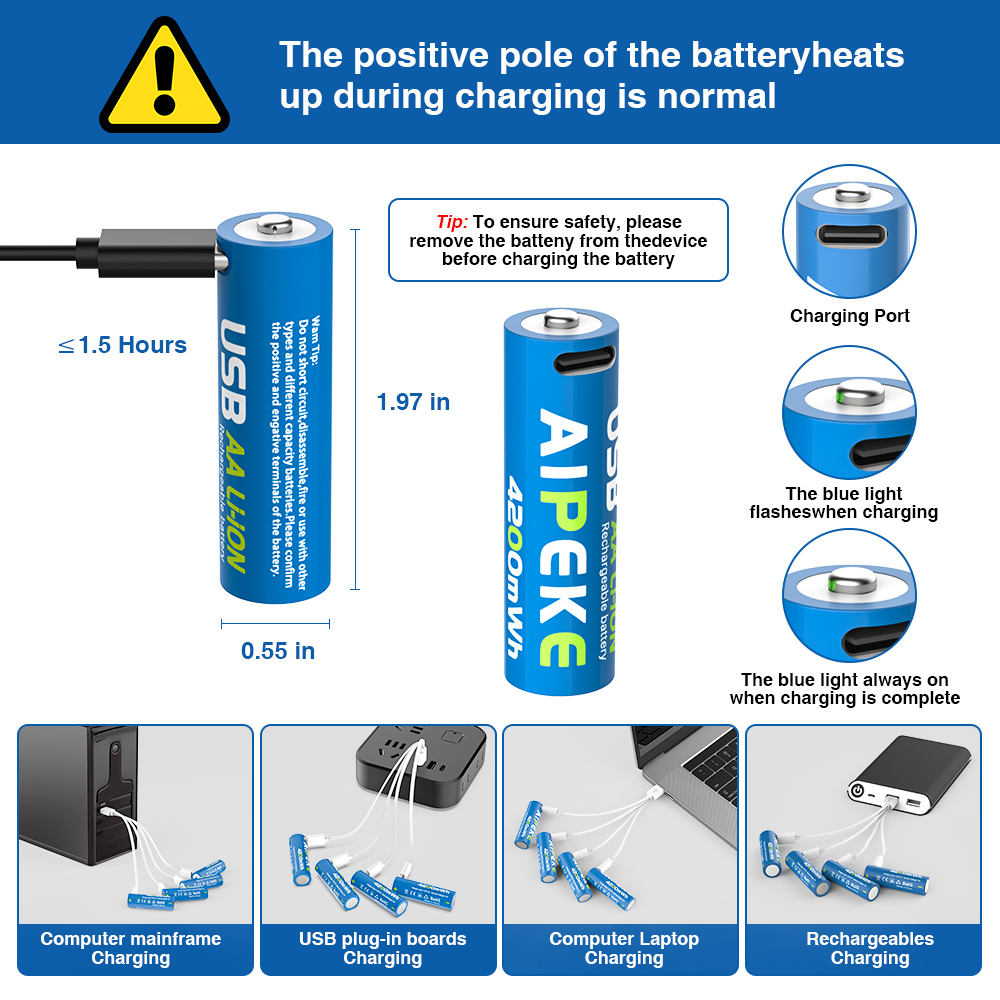 AIPEKE 8-Pack USB Rechargeable 1.5v AA Lithium Batteries High Capacity High Performance, for AA Rechargeable Li-Ion Battery