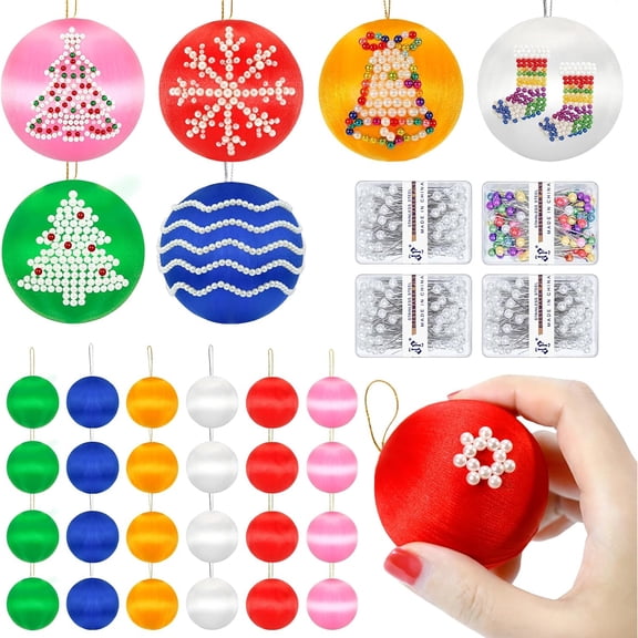 24 Pcs Satin Christmas Ball Ornaments with 4 Boxes of DIY Pins, 6 Colors, Christmas Tree Decorations for Holiday Crafts
