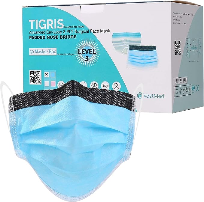 VASTMED TIGRIS Advanced Ear Loop 3Ply Surgical Face Mask Blue Level 3 Medical Grade Individually