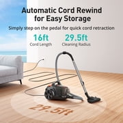 Canister Vacuum Cleaner, 30Kpa Powerful Suction, Bagless with 3.7QT Large Dust Cup, Auto Cord Rewind, HEPA Filter, 5 Attachments, Lightweight Vacuum for Pet Hair, Hard Floors & Car