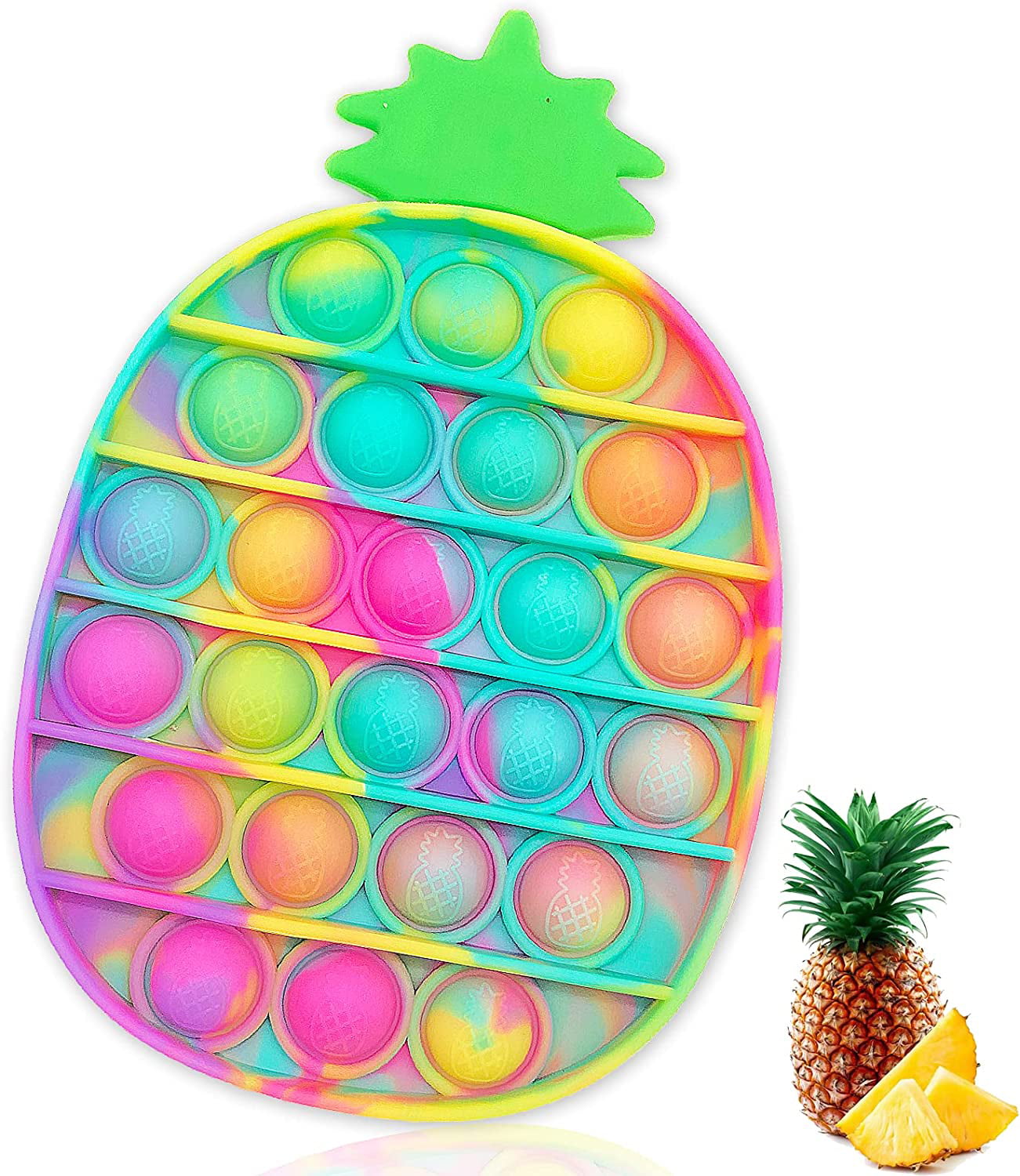 Silicon Stress Relief Autism Special Needs Squeeze Toy Gift for Children Pineapple-Rainbow Elders and Adults Push Popping Bubble Pineapple Shape Sensory Fidget Toy