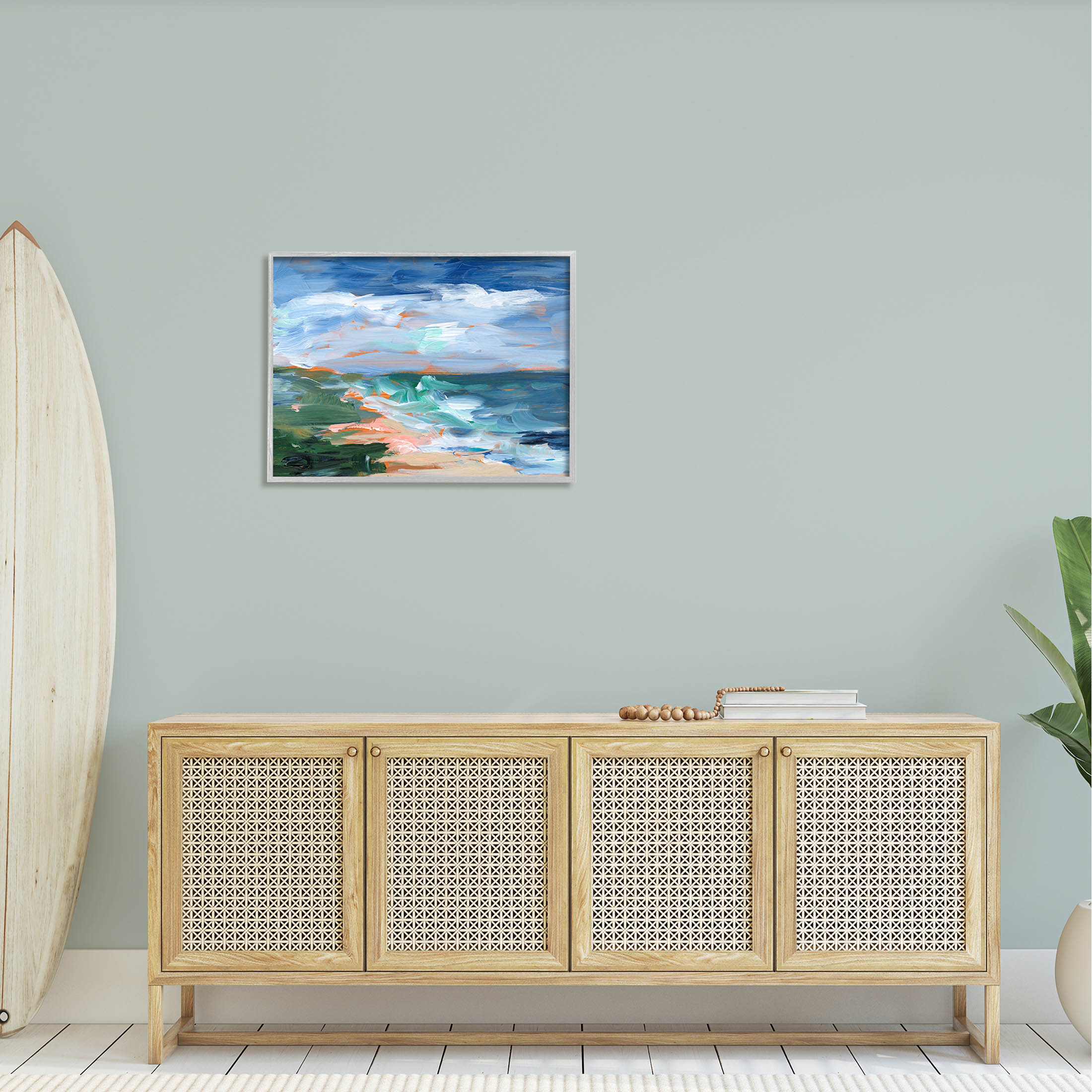 Crashing Beach Waves Abstract Scene Landscape Painting Gray Framed Art Print Wall Art