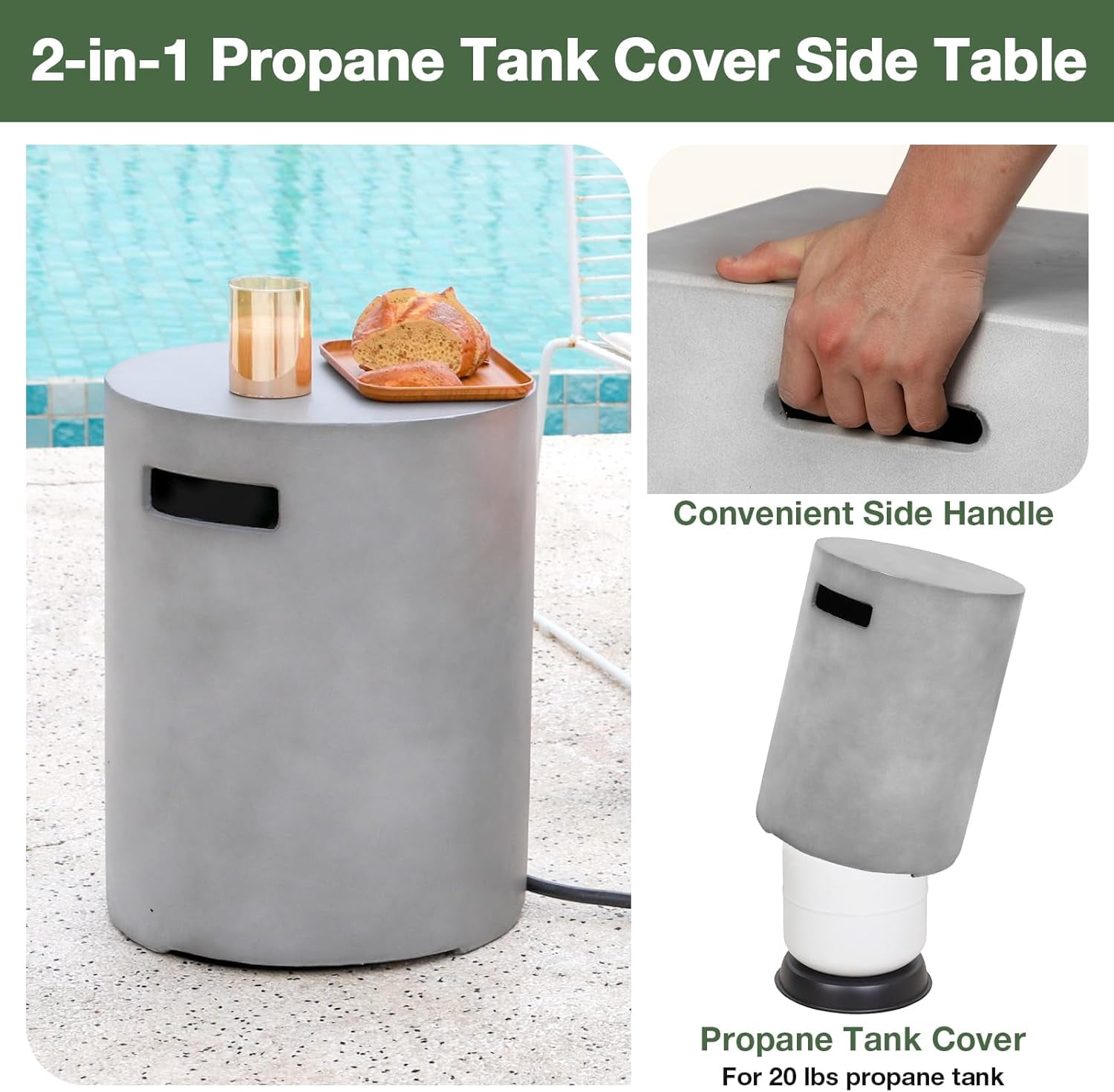 Propane Tank Cover Table 16"x16"x20"H Round Propane Tank Storage Hideaway Box for Gas Fire Pits, Gary Concrete Gas Tank Holder Outdoor Side Table for 20 Pound Gas Tank