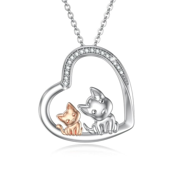 Cuoka 925 Sterling Silver Heart Cat and Dog Pendant Necklace 18 in Cable Chain Includes Cleaning Cloth and Gift Box